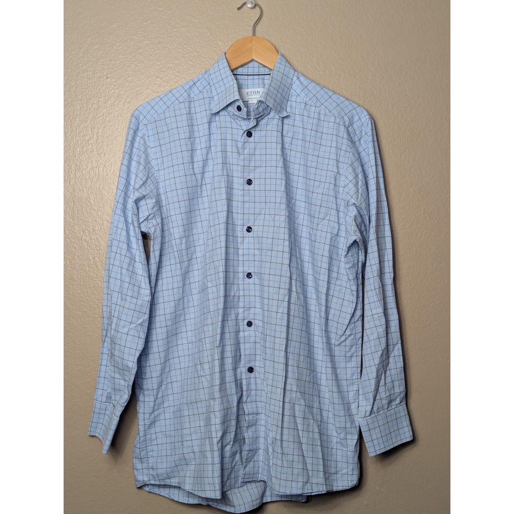 Eton Dress Shirt Men L Blue Check Contemporary Fit Fine Twill Button Up 16.5
